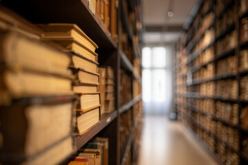 Obraz premium Historical library aisle filled with aged books creating a sense of profound knowledge and quiet history