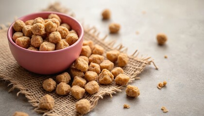 Closeup of textured raw soya chunks piled in pink bowl. Vegan meat alternative scattered on burlap, light grey surface. Healthy plant based protein.
