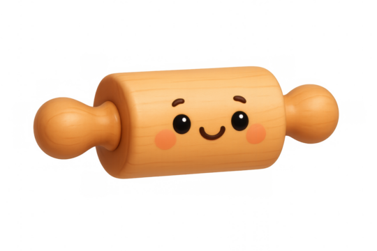 Happy cartoon rolling pin 3d rendering, cute kitchen baking utensil character smiling, transparent background