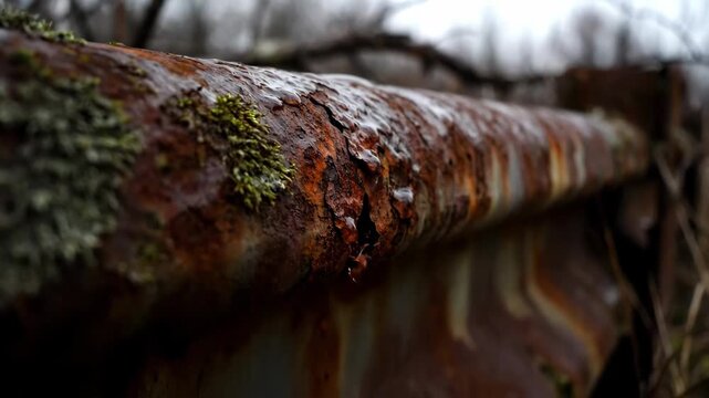 Corroded Metal Barrier with Moss and Water - This close-up shot features a heavily corroded and rusty metal barrier, adorned with patches of green moss.