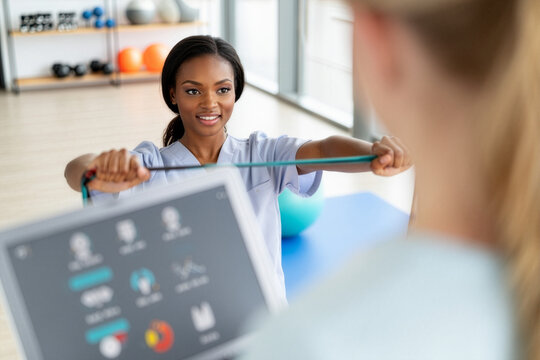 African american woman performing resistance band exercise with therapist in modern physical therapy clinic
