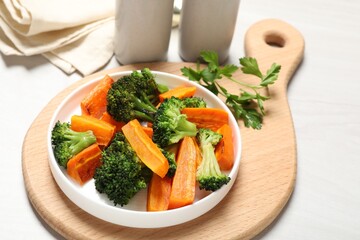 Tasty grilled vegetables served on white table, closeup