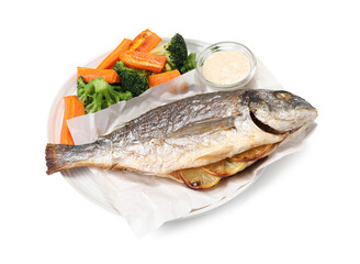 Tasty grilled fish, vegetables and sauce isolated on white, above view
