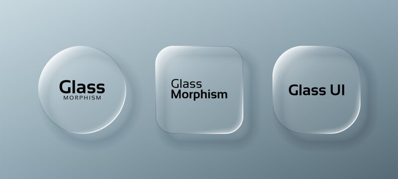 Set of three transparent glass morphism circle and square shapes for modern user interface design. Vector graphic element for web and app.