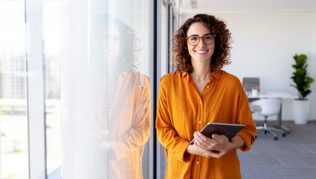 Smiling professional woman holding tablet in sunny modern office - Powered by Adobe