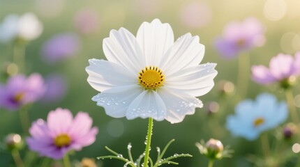 a white cosmos flower with water droplets on it in the middle of a field, surrounded by a variety of colorful flowers and buds The background is slightly blurred,