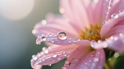 Fototapeta premium a pink flower with water droplets glistening on its petals, set against a blurred background