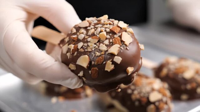 Almond Topped Vanilla Pops Dipped in Chocolate - A gloved hand holds a vanilla ice cream pop, dipped in chocolate coating and sprinkled with chopped almonds.