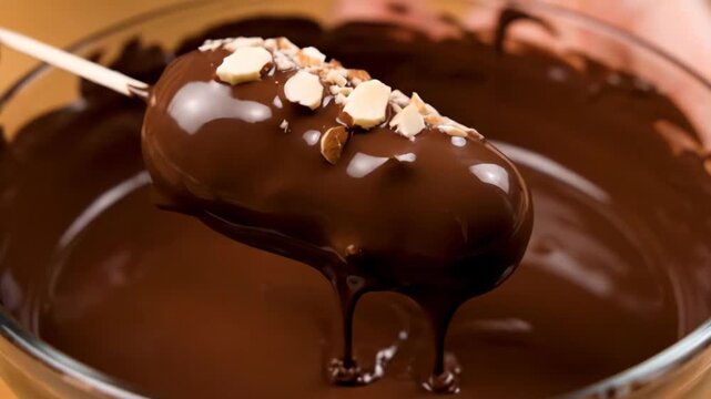 Almond Vanilla Pop Dipped in Chocolate - A vanilla ice cream pop is being dipped in melted chocolate, topped with crushed almonds.