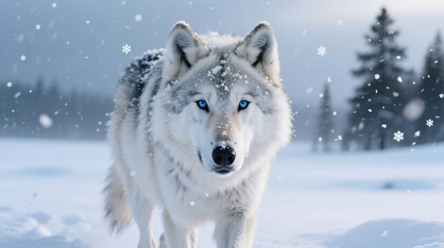  a white wolf with blue eyes walking through the snow, surrounded by trees and a blurred background