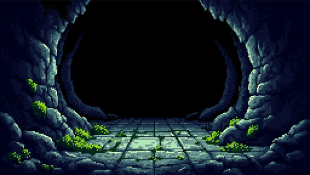 Pixel art cave entrance with moss on stone walls and floor. Retro game background concept, dark dungeon environment for adventure design.