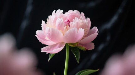 Fototapeta premium a pink peony flower with water droplets on it, its stem and leaves standing out against a blurred background