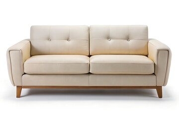 A stylish cream-colored loveseat featuring button tufting on the back cushions and tapered wooden legs. Perfect for small spaces.