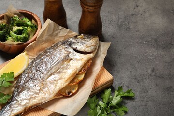 Tasty grilled fish, broccoli and spice on grey table, closeup. Space for text