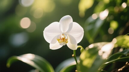 Fototapeta premium a white orchid flower in the sunlight, with its delicate petals and vibrant colors standing out against the blurred background