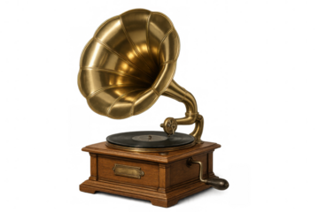 Gramophone playing vintage vinyl record, retro audio equipment, demonstrating old music technology on transparent background