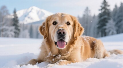 Obraz premium a golden retriever laying in the snow with its tongue out, surrounded by trees and mountains in the background and a clear sky above