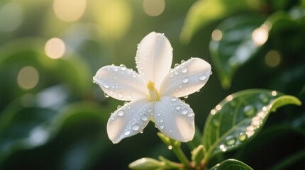 Obraz premium a white flower with water droplets on it, surrounded by lush green leaves in the background