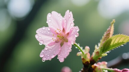 Fototapeta premium a pink cherry blossom with water droplets glistening on its petals and leaves, set against a blurred background