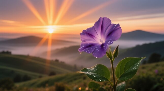  a purple morning glory flower with water droplets on it in front of a beautiful sunset, surrounded by lush green hills and trees The sky is a mix of vibrant orange