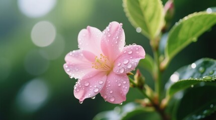 Obraz premium a pink flower with water droplets on it, surrounded by lush green leaves The background is slightly blurred, giving the flower a soft and dreamy look