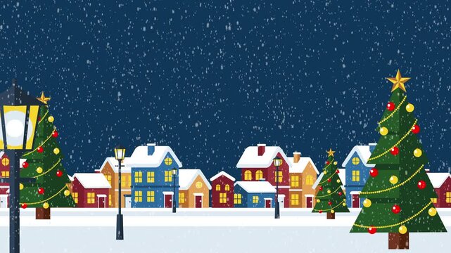 Looping flat vector winter night scene with snowy colorful houses, glowing lamps, decorated Christmas trees, and peaceful falling snow.