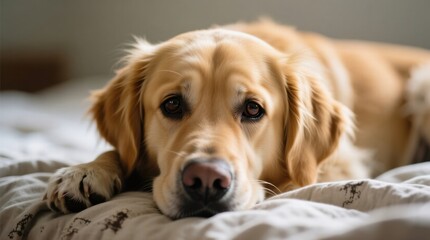  a golden retriever dog laying on top of a bed, with a blurred background