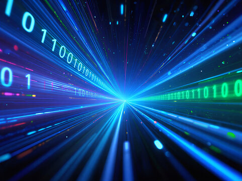 Digital connectivity and data transmission concept — abstract visualization of binary flow and futuristic technology network in motion, representing information exchange in cyberspace. 3D render wave - Powered by Adobe