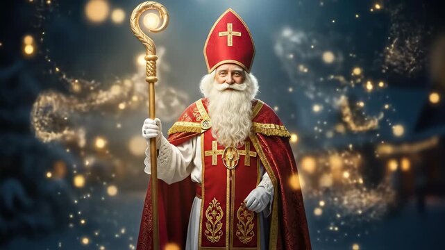 Saint Nicholas celebration, festive evening, gift giving, benevolent figure, joyful occasion, glowing magic particles, ceremonial staff, traditional attire, spiritual blessing, winter holiday spirit.