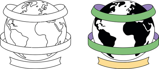 World globe with banner ribbon for custom text business education concept and graphic design elements