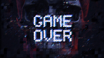 Game over message and human skull on backdrop