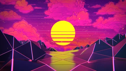 Selbstklebende Fototapeten Pink Retro futuristic cyber landscape 3D render  © gonin