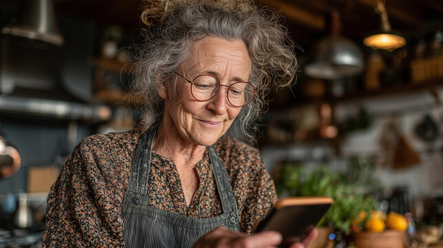 Senior woman with curly gray hair, wearing glasses and an apron, is using a smartphone in a cozy kitchen filled with plants and fresh ingredients, enjoying modern technology