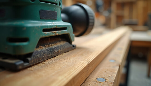 Electric belt sander grinds wooden plank in carpentry workshop. Carpenter polishes timber board with power tool. Woodworking, construction and furniture production process.
