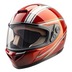 A vibrant red and white motorcycle helmet isolated on a clean white background