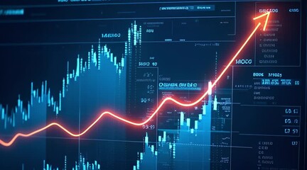 Digital financial display showing a glowing upward trending graph symbolizing market growth investment success profit and stock exchange analysis. - Powered by Adobe