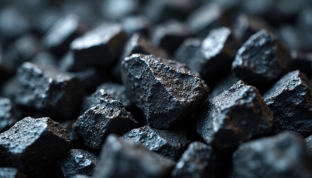 Close up of rough nickel ore chunks, dark metallic texture, natural mineral resource, raw material for industry. Raw nickel aggregate, black shiny rocks, useful for backgrounds or design elements.