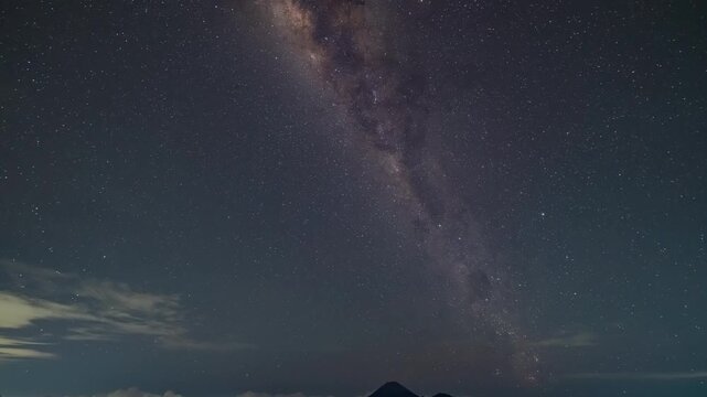 Time lapse The Milky Way spins over Mount Bromo volcanoes. The Milky Way sparkles above the summit of Bromo Volcano and stands perpendicular to the summit of Mount Bromo spewing white smoke