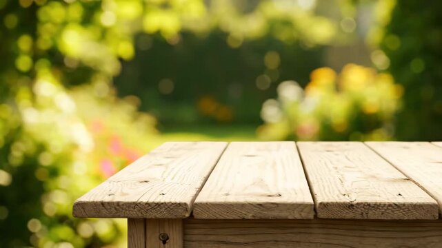 Wooden Table with Blurred Garden Background - A close-up shot showcases a wooden table surface, ideal for advertising or product placement.