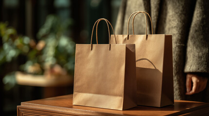 Two brown paper shopping bags placed on a wooden table, with a blurred background of greenery, showcasing a stylish retail environment and inviting shopping experience