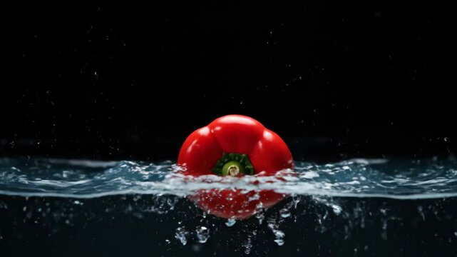 Red Bell Pepper Splash - A bright red bell pepper plunges into clear water, creating a splash against a stark black background.