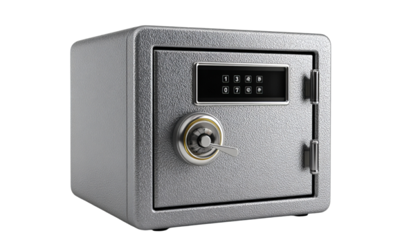 Grey Metallic Home Safe with Digital Lock isolated on a transparent background