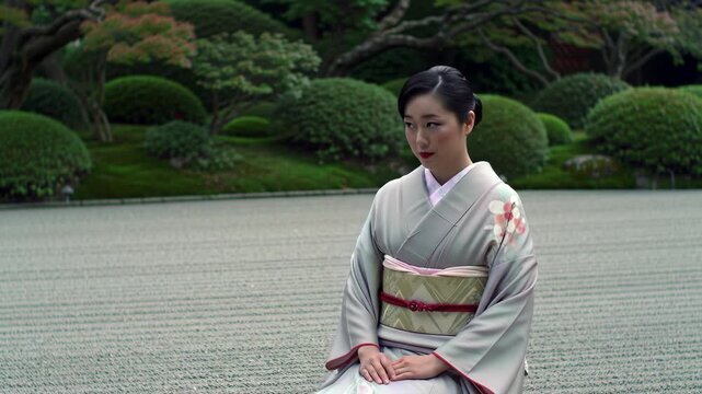 Woman in kimono sits at a rock garden. Japanese garden with serene background. For travel, culture, or tranquility