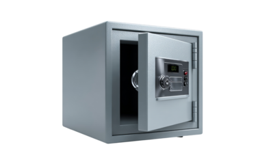 Gray metallic safe with open door and digital lock isolated on a transparent background
