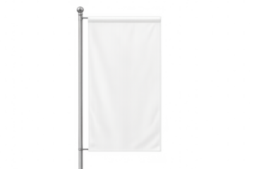 Blank vertical banner mockup on flagpole, white textile flag template for outdoor advertising, transparent background