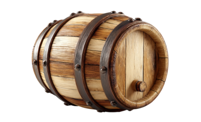 Wooden barrel with metal bands isolated on a transparent background