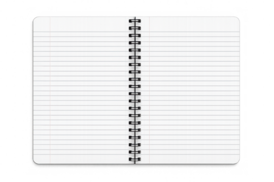 Open lined spiral notebook with blank white pages, ready for writing notes, studying, or planning, transparent background - Powered by Adobe