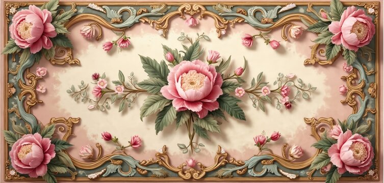 Floral illustration of an Aubusson rug. Pink peony flowers with leaves and other small pink buds form a decor. Ornate golden frames on pastel background.