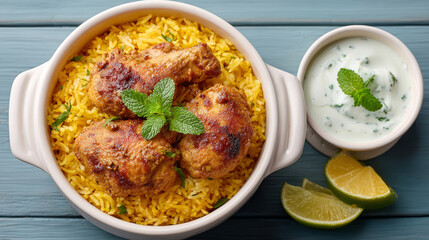 Delicious flat lay of biryani with raita and pickle on rustic blue table