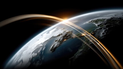 A digital map shows global connections through glowing lines, highlighting the interaction among continents and countries